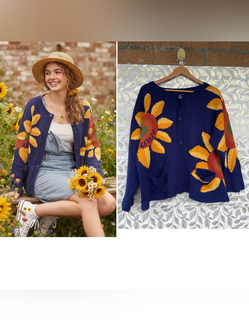 UNIF Sunflower Knit Cardigan Blue Yellow Y2K Grunge Indie Sweater Medium